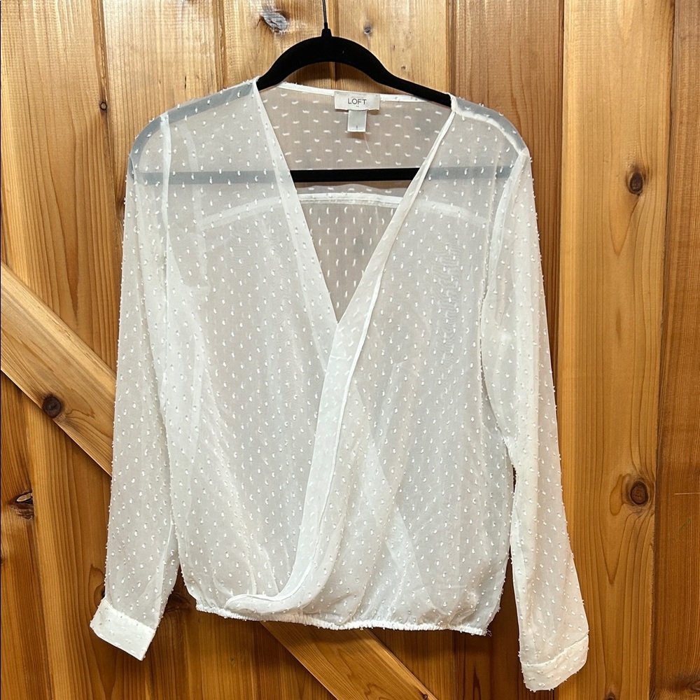 LOFT Sheer White Polka Dot Blouse